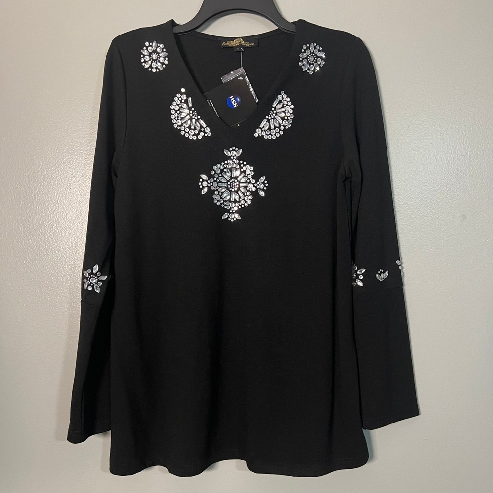 Joan Boyce Black Rhinestone Embellished Tunic Top Long Sleeve Small NEW Boho
